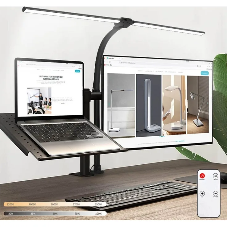 Lapamax LED Schreibtischlampe Schreibtischlampe LED Dimmbar Doppelkopf Klemmbar mit Fernbedienung, 24W, 80CM, 5 Farben und 5 Helligkeitsstufen, Augenschutz Monitor Lampe Tageslichtlampe Leser Architekenden Büro