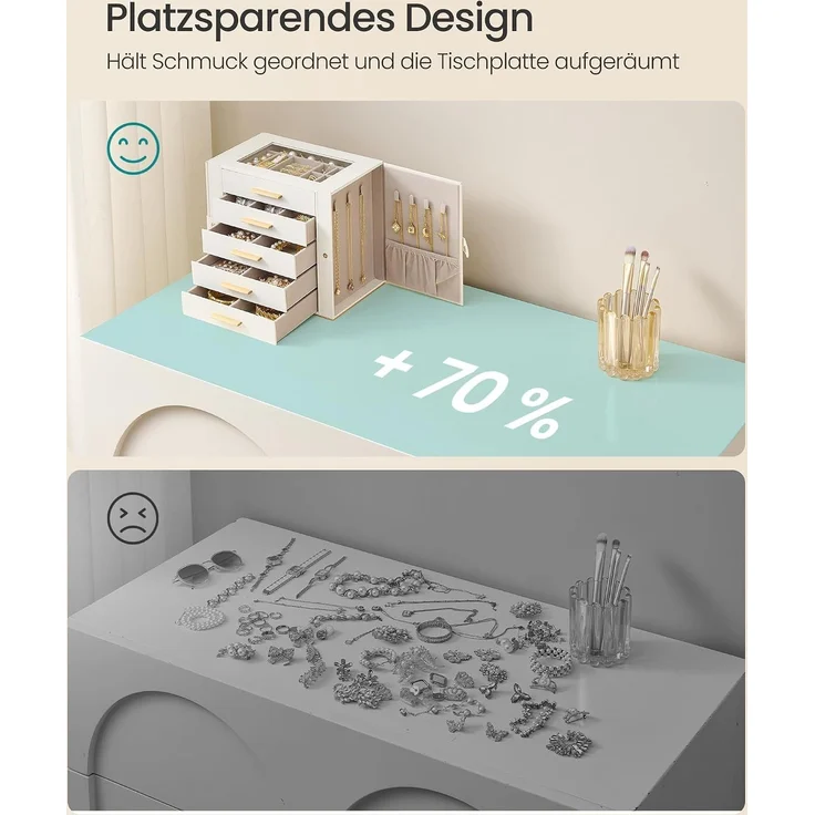 SONGMICS Großer Schmuckkasten mit 5 Ebenen und Glasdeckel für Ketten 26,1 x 15,6 x 22,2 cm Weiß und Beige – Bild 7