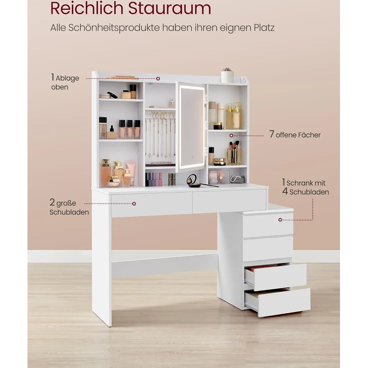 VASAGLE Schminktisch mit LED-Beleuchtung, einstellbare Helligkeit, Frisiertisch mit Spiegel, Kosmetiktisch mit Schubladen, offenen Fächern, verstellbaren Ablagen, modern,97. 5cm,wolkenweiß von SONGMICS – Bild 4