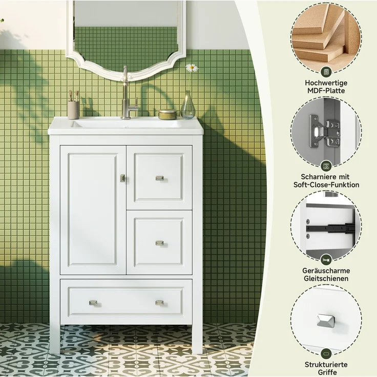 Waschtisch 62 x 47 x 90 cm mit Keramikwaschbecken und drei Schubladen, Weiß – Bild 8