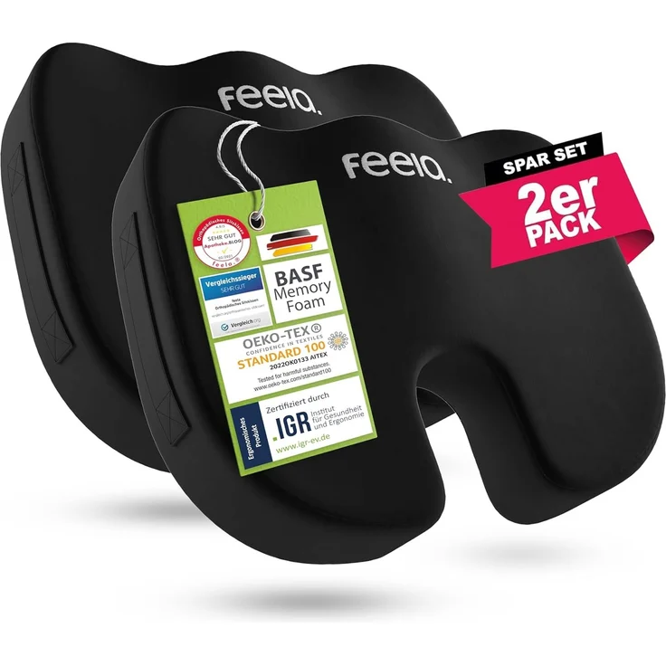 feela.® Orthopädisches Sitzkissen [3 Härtegrade] - Ergonomisches Sitzkissen für Bürostuhl & Co - Wirkt Schmerzreduzierend, Erhöht Sitzkomfort, und Entlastet das Steißbein (2er Set, Weich)
