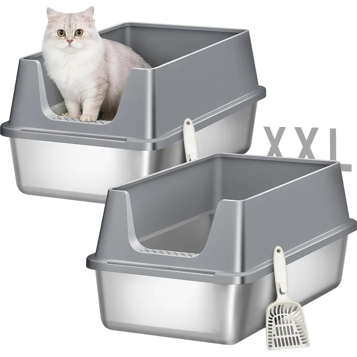 Halupeit Geschlossene Edelstahl-Katzentoilette in XXL-Größe, geräumiger Innenraum, hohe Wände verhindern das Verschütten von Streu, inklusive Schaufel, Dunkelgrau, 61.3 x 40.8 x 29.8 cm – Bild 2