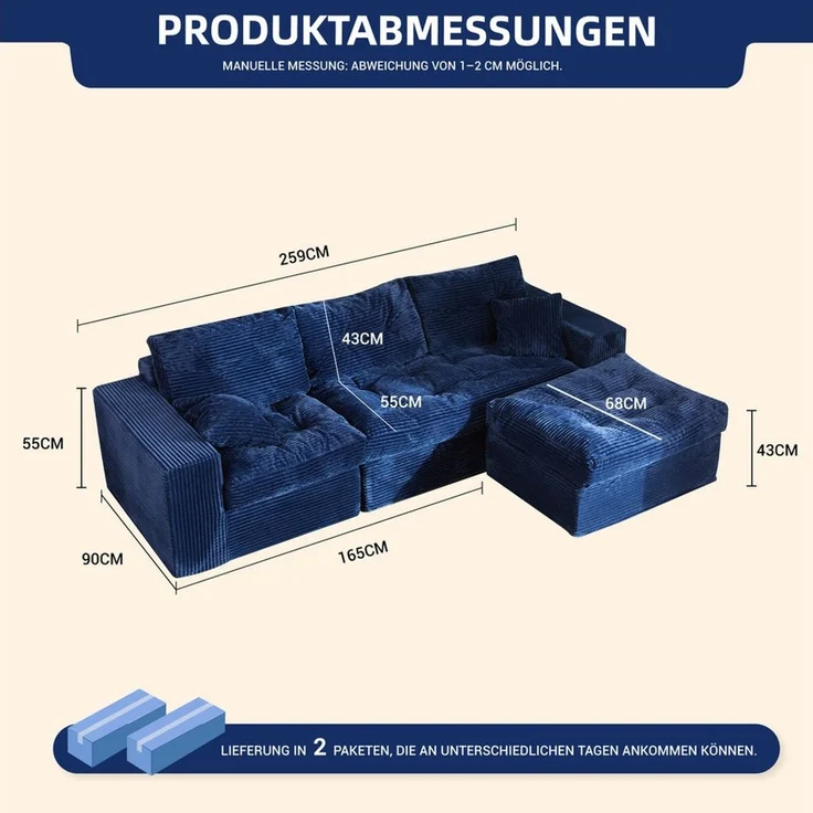 LITBIRD Ecksofa 3-Sitzer Sofa mit Marshmallow-Softpolster & Modulares Recamiere Sofa, 1 Teile, Cordstoff Schlafsofa & Relaxsofa, Wohnzimmer Sofa – Bild 2