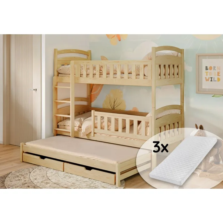 Kids Collective Etagenbett Hochbett Kinderbett 90x200 cm mit Lattenrost und Rausfallschutz, mit Ausziehbett, zwei Schubladen und drei Matratzen, natur