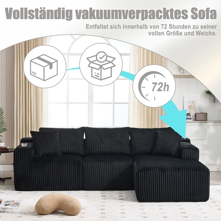 Modulares Sofa Set mit Chaiselongue & 2-Sitzer in Schwarz, weicher Cordbezug, 5 Kissen, Getränkehalter – Bild 6