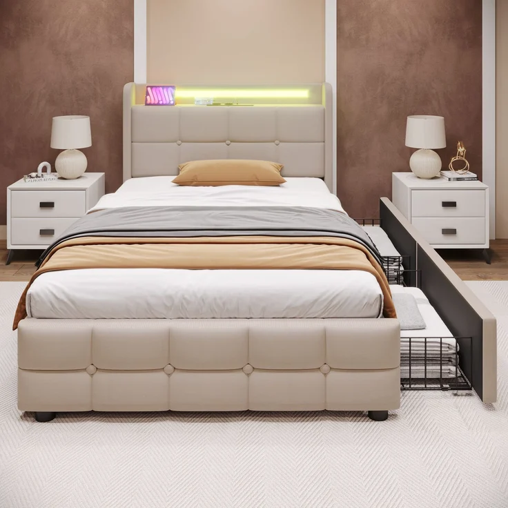 Einzelbett 90 × 200 cm mit Steckdosen,USB-Anschlüssen und LED-Beleuchtung,2 Schubladen,Leinenbezug in Beige,inklusive Matratze – Bild 5