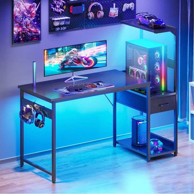 ODK Gamingtisch mit LED-Beleuchtung, Regal & Schublade in Carbon-Optik (1-St), 138 cm Computertisch & Schreibtisch – Bild 1