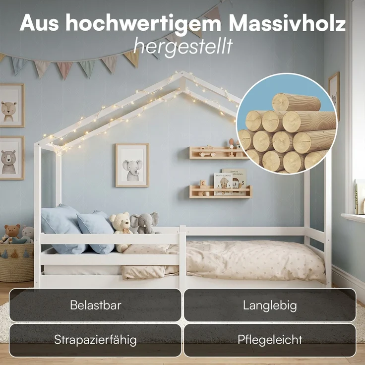 Bellabino 'Abia' Hausbett 90x200 cm mit Matratze, weiß, Kiefer Massivholz, Bodenbett in Hausoptik, Montessori Kinderbett mit Rausfallschutz und Lattenrost – Bild 5