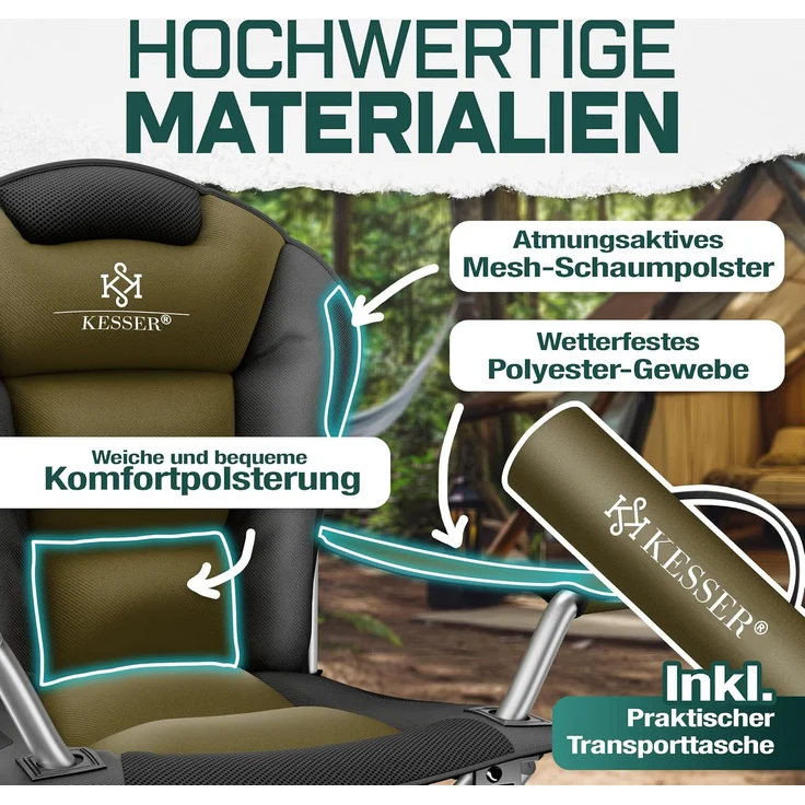 KESSER® Campingstuhl faltbar bis 150 kg Angelstuhl Faltstuhl Klappstuhl Gepolstert mit Armlehnen, Getränkehalter + Tasche mit hoher Rückenlehne, Strandstuhl, Klapphocker Khaki / Schwarz – Bild 3