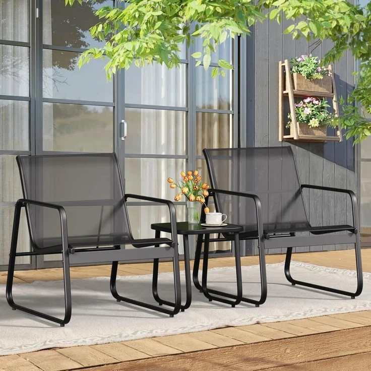 Bealife 3-teiliges Balkon-Set, 3-teiliges Bistro-Set aus Textilene-Stoff, 2 Sessel und 1 Tisch aus gehärtetem Glas, für Garten, Terrasse, Balkon – Bild 7