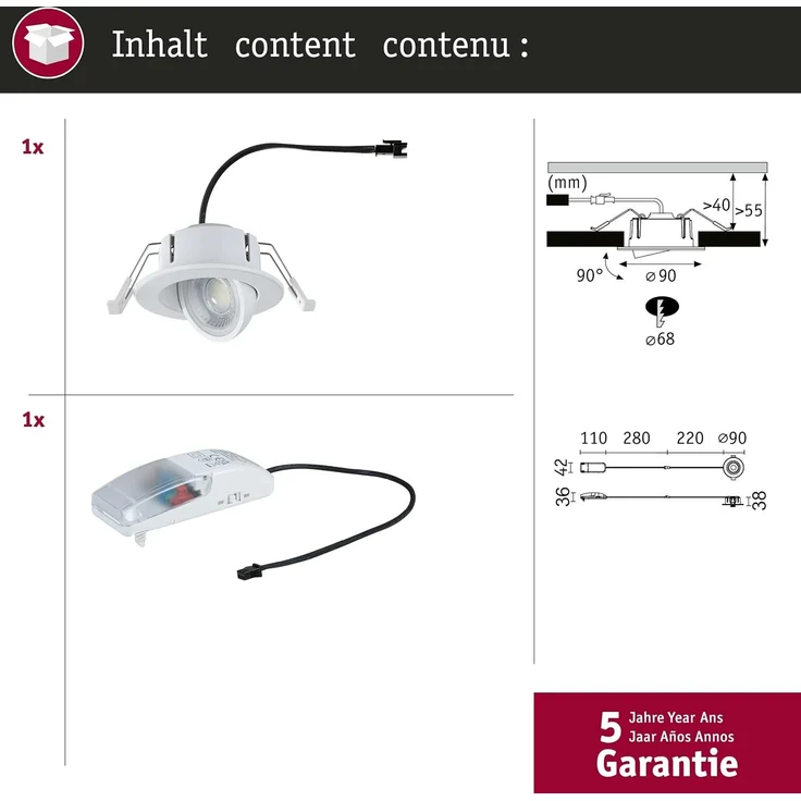 Paulmann LED-Einbauleuchte Zina 5/8 W Ø 9 cm dimmbar weiß matt – Bild 5