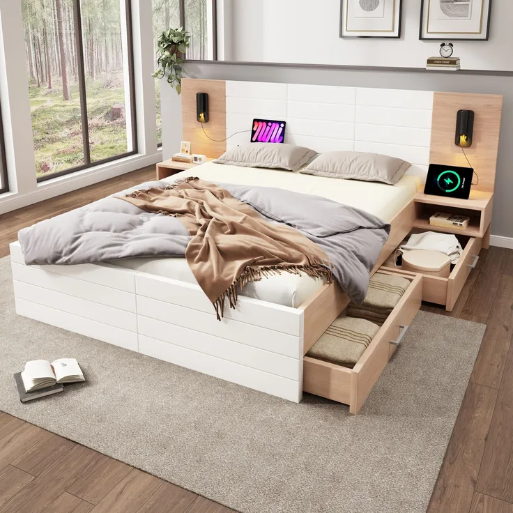 Doppelbett Holzbett Bettanlage mit 2 Schubladen, Kopfteil Leselicht mit USB Ladefunktion, Modernes Bett inkl. 2 Nachtkommode, Bettgestell & Lattenrost, Set in Eiche/Weiß, Ohne Matratze, 180×200 cm