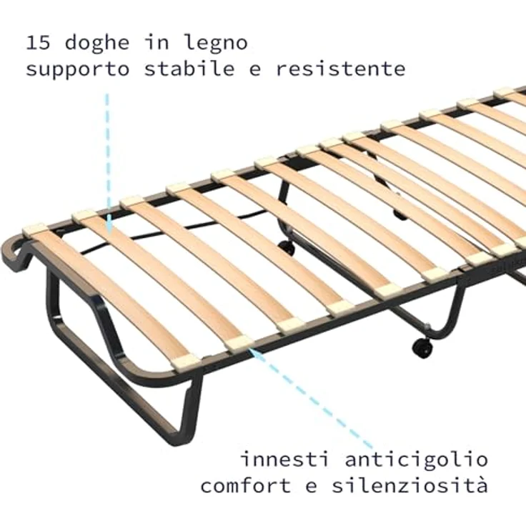 Cortassa - Klappbett mit 10 cm hoher Matratze aus Memory-Schaum, Einzel-Lattenrost mit Holzlatten 80x200 cm, platzsparendes Bett mit Rollen – Bild 8