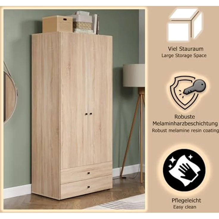 trendteam smart living - Basics - Kleiderschrank - Eiche - Garderobenschrank mit 2 Türen, 1 Hutablage, 1 Kleiderstange und 2 Schubladen - (BxHxT) 81 x 176 x 51 cm - Moderner Stil – Bild 5