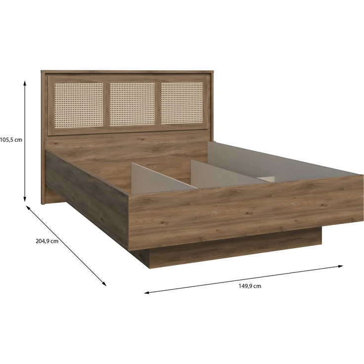 Forte GLENKEEN Bett, Liegefläche 140 x 200 cm, Bettgestell im Bohostil mit Rattangeflecht, Stauraum, Valencia Eiche Holzdekor | Naturrattan, 149,9 cm breit x 105,5 cm hoch x 204,9 cm tief – Bild 6