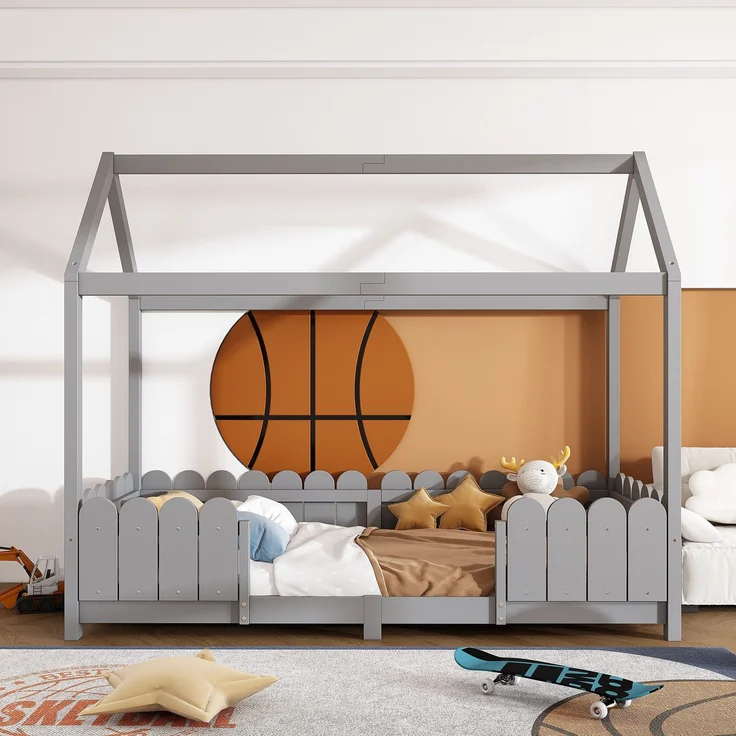 Hausbett mit Lattenrost, 90x200 cm, Kinderbett mit Rausfallschutz, Kiefer – Bild 2
