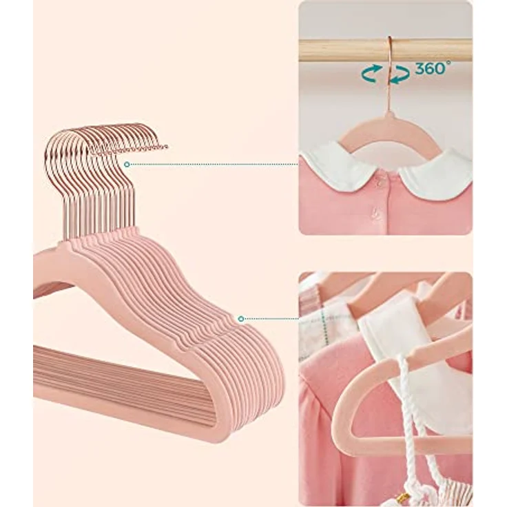 SONGMICS Kinderkleiderbügel, 50er Set Kleiderbügel Kinder, Baby-Kleiderbügel, Bügel Samt, 360° drehbarer Haken in Roségold, platzsparend, rutschfest, für Kleiderschrank, pastellrosa CRF027P01 – Bild 7