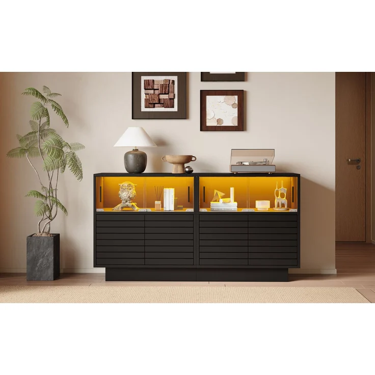 Merax Sideboard mit 2 Kabinett, 4 Fächern, Glastüren, Breite 130 cm, Beistellschrank mit LED-Licht, Wohnraumschrank mit viel Stauraum, Schwarz – Bild 7