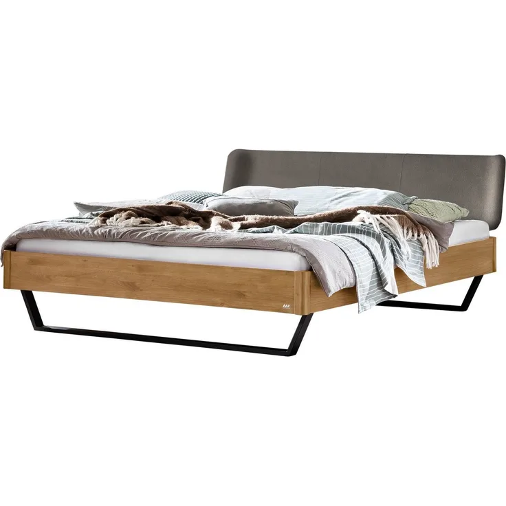 Hasena Massivholzbett Montieri Wildeiche mit Kopfteil, Bezug Pace Grey 200x220 cm, Komforthöhe 25 cm – Lounge