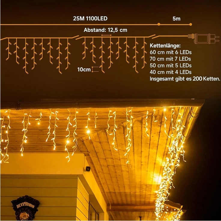 GarveeMore LED-Lichterkette Eisregen für außen, extra hohe LED-Dichte, strombetrieben, warmweiß, 1100-flammig, Mit Fernbedienung & Timer, IP44, ideal für Dachrinne & Balkon – Bild 2
