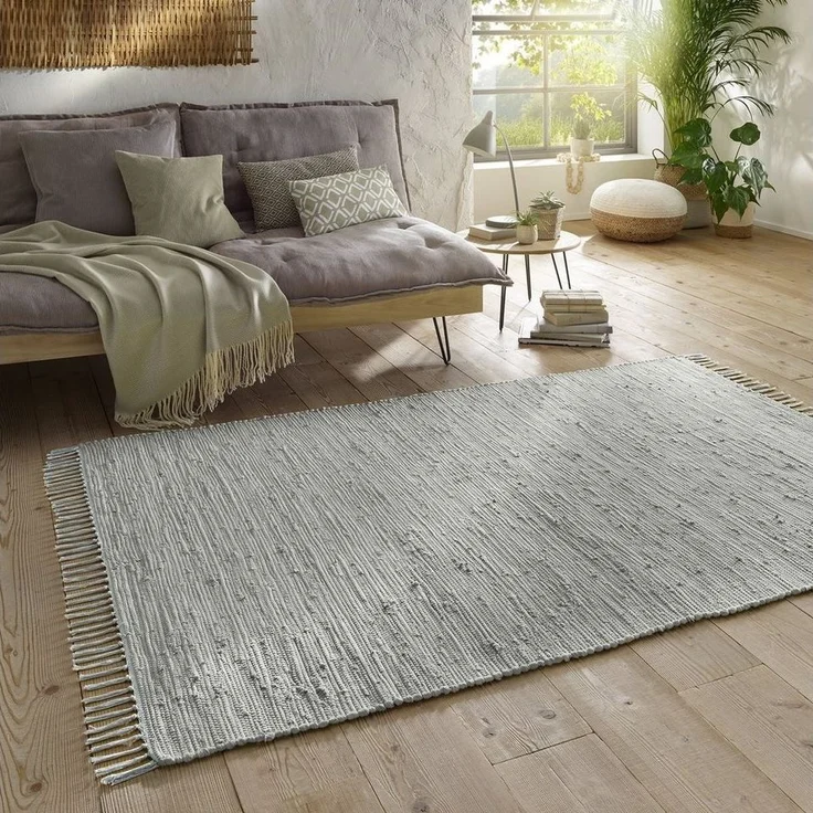 TaraCarpet Teppich Flickenteppich TaraCarpet Sylt mit Fransen, rechteckig, Höhe: 5 mm, Wohnzimmer Schlafzimmer Küchenteppich grau 070x250 – Bild 1