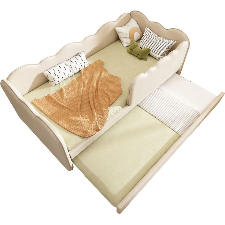 EINHOM Polsterbett Daybett 90 x 190 cm, Tagesbett Schlafsofa mit Ausziehbett 90 x 190 cm, Kinderbett mit Lattenrost, Leinen, Beige, (Ohne Matratze) – Bild 6