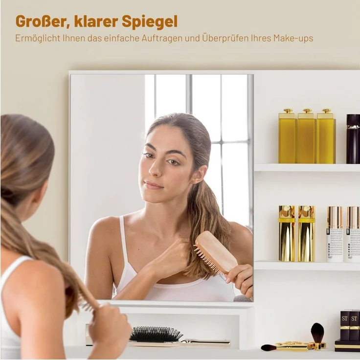 oyajia Schminktisch Frisierkommode mit Spiegel,1 Schubladen,3 offene Fächer, Modern (80 x 40 x 132 cm,Weißer, Frisiertisch mit Spiegel), modern, 1 Schubladen, Stauraum – Bild 3