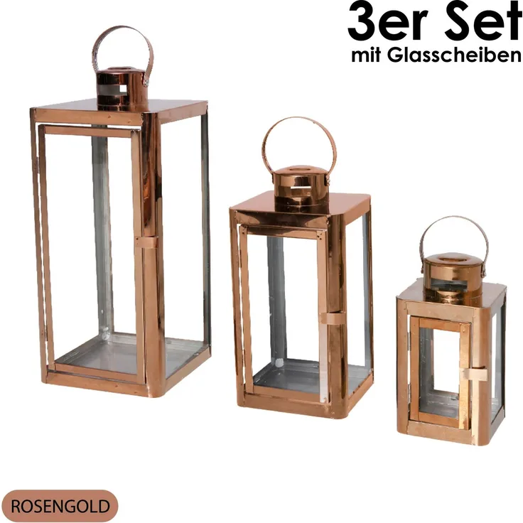 3er Set Edelstahl Laterne Gartenlaterne Windlicht Kerzenhalter Glasscheibe Deko rosengold