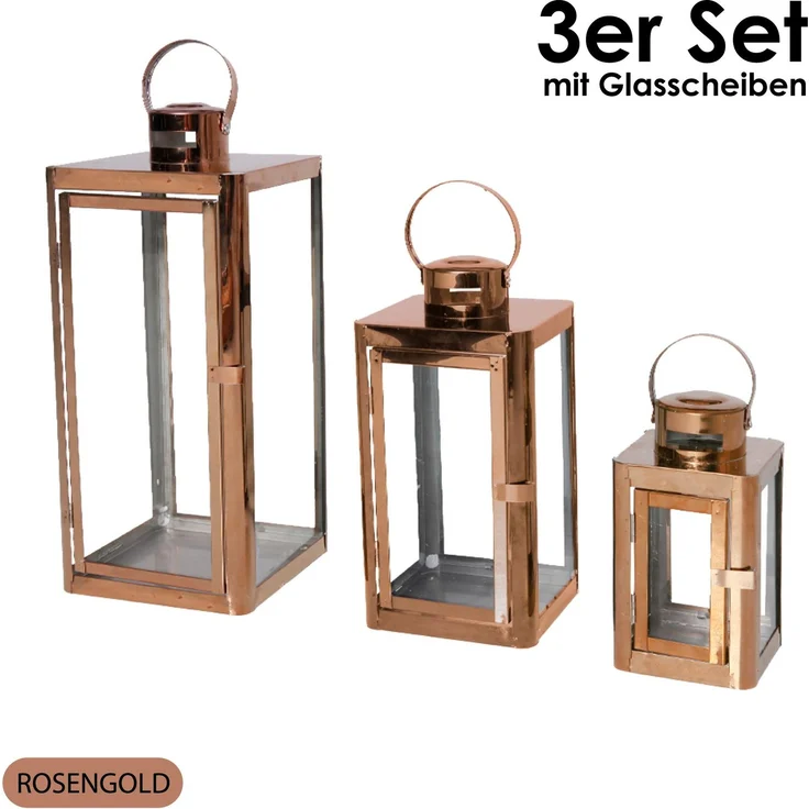 3er Set Edelstahl Laterne Gartenlaterne Windlicht Kerzenhalter Glasscheibe Deko rosengold