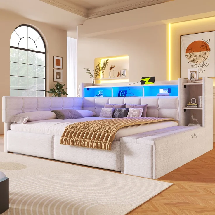 Merax Polsterbett 140 × 190 cm, Doppelbett, Tagesbett, Daybett, Schlafsofa, mit 2 Schubladen, USB- und Typ-C-Anschlüssen, LED-Lichtleiste, Ohne Matratze, Samt, Weiß – Bild 3