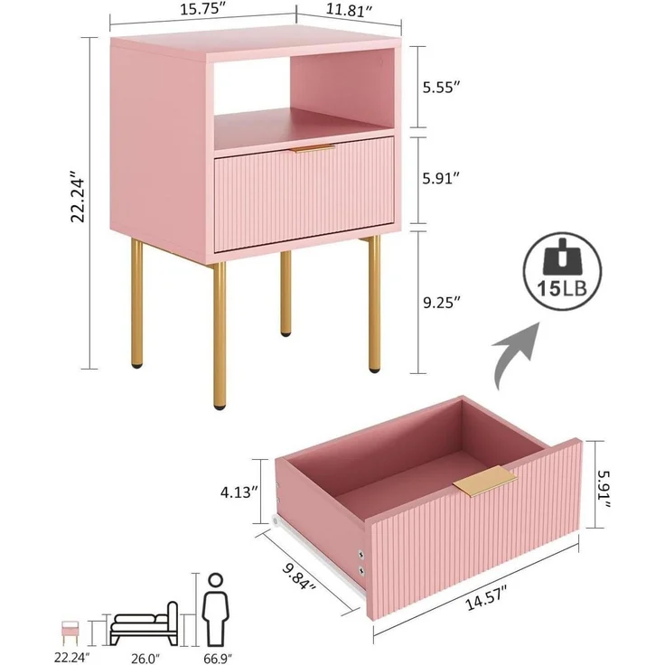 Nachttisch Nachtschrank Rosa Boho Modern 1 Schublade 1 Ablage – Bild 2