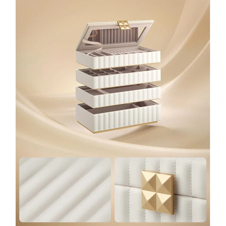 Songmics HOME ANAH Kollektion - Schmuckkästchen stapelbar mit Spiegel, 4 Ebenen Schmuckaufbewahrung, PU mit Nähten, schwebender Effekt, 17 x 28 x 20,5 cm, Geschenkidee, wolkenweiß – Bild 3