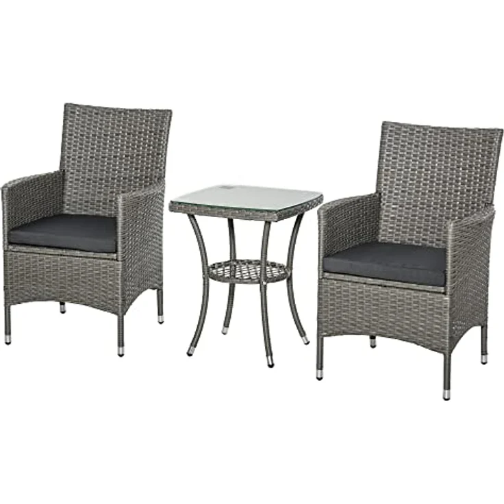 Outsunny Sitzgruppe Sitzgarnitur mit Sitzkissen Grauv 60 x 58,5 x 89,5 cm, (Set, 3-tlg, Gartenmöbel Set), Polyrattan + Stahl – Bild 2