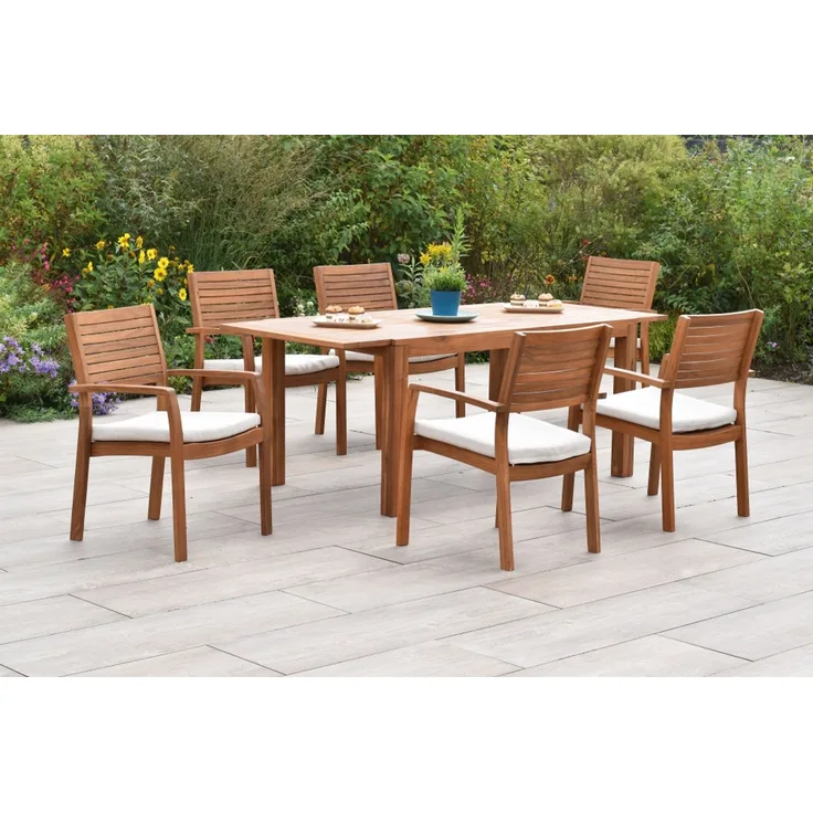 Batavia Gartenmöbel Set 13tlg, 6 Stapelsessel, 6 Sitzkissen Ausziehtisch 150 (200) x 90 cm, Akazie