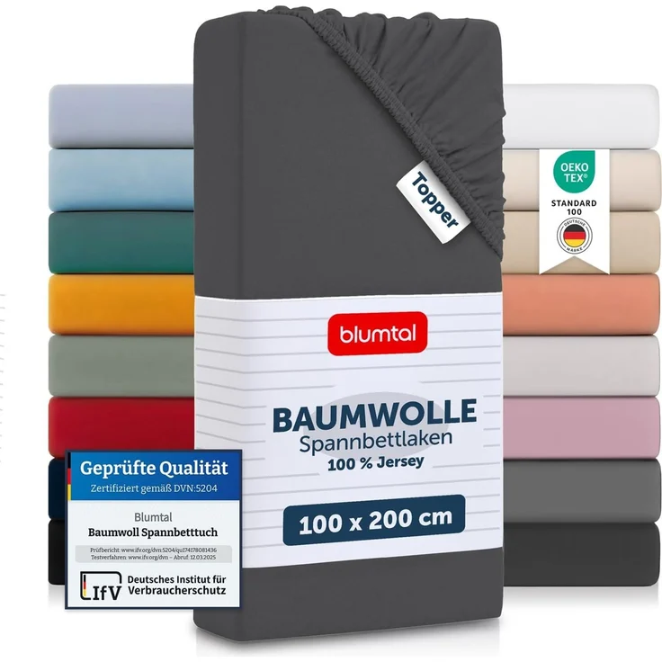 Blumtal® Basics Spannbettlaken für Topper 100x200 cm Jersey - Bettlaken 100x200 cm aus 100% Baumwolle - Oeko-TEX zertifiziertes Spannbetttuch 100x200 cm - Spannbettlaken Topper 100x200 cm - Anthrazit – Bild 1
