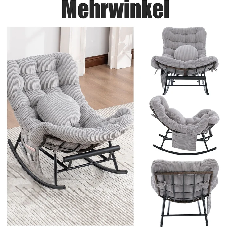 LVHOM Schaukelstuhl mit ausziehbarer Fußstütze, Rattanstuhl mit Stahlrahmen, Schaukelsessel mit gepolstertem Kissen und Seitentasche, Lounge Sessel, 1 St, Hellgrau – Bild 6