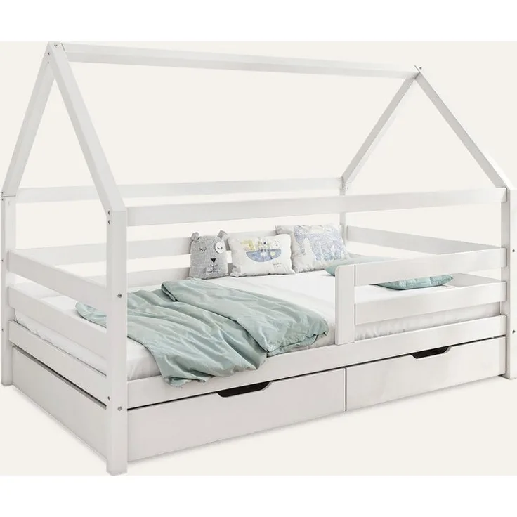 Ehrenkind Hausbett Kiefer K3 Natur und weiß 200x120 cm & 200x90 cm (mit Rausfallschutz in weiß), Hausbett 90x200 cm