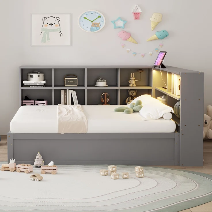 Bett 90x200 cm aus Massivholz mit Stauraum und LED-Beleuchtung – Bild 1