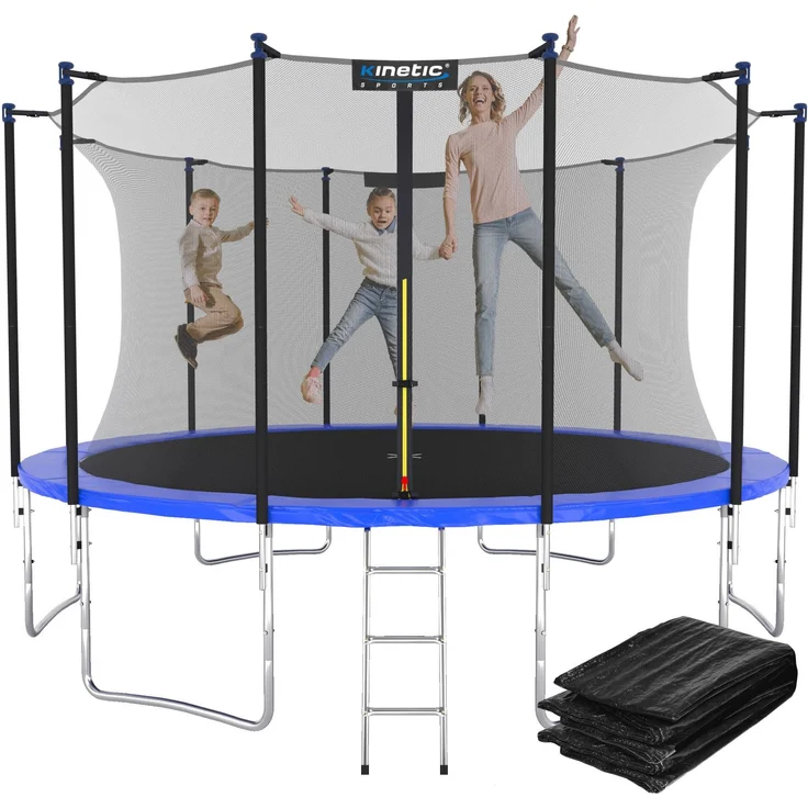 KINETIC SPORTS Trampolin Outdoor 'Salto Plus' - Komplett-Set für Kinder, USA Sprungtuch, Netz, Randpolster, Leiter, Blau-2, Ø 400 cm – Bild 1