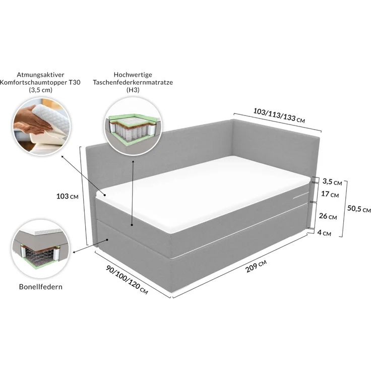 99rooms Phönix Mini Plus Boxspringbett 120x200 cm Webstoff MALMO_NEW Beige Seitenteil rechts – Bild 2