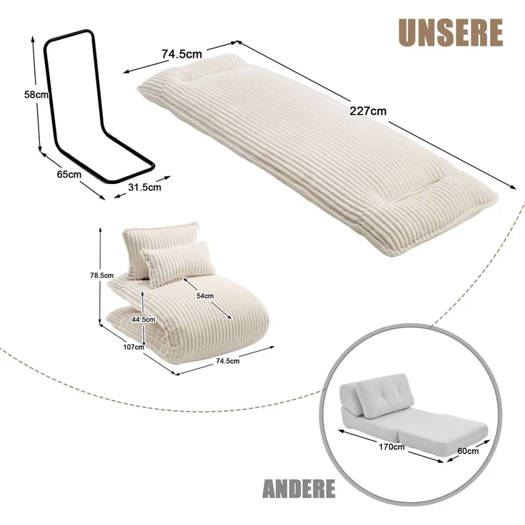 LVHOM Schlafsessel mit Bettfunktion, 227 cm Klappsessel Bodensessel mit Stahlrahmen, klappbarer Relaxsessel inkl. 2 Kissen, bis 150 kg belastbar, Cord Beige – Bild 5