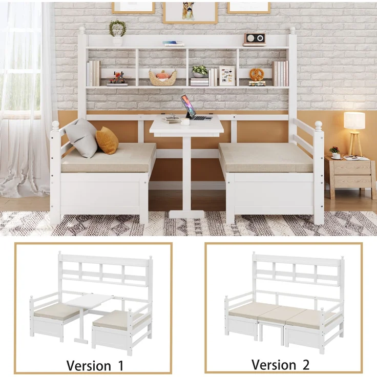 Merax Daybett Multifunktionales Massivholz Schlafsofa 200x90 cm, 2-in-1 Bett und Schreibtisch, Frei Umbaubar, Mit Bücherregal Zur Aufbewahrung, Mit Bequemen Kissen, Gästebett Einzelholzbett, Weiß – Bild 3