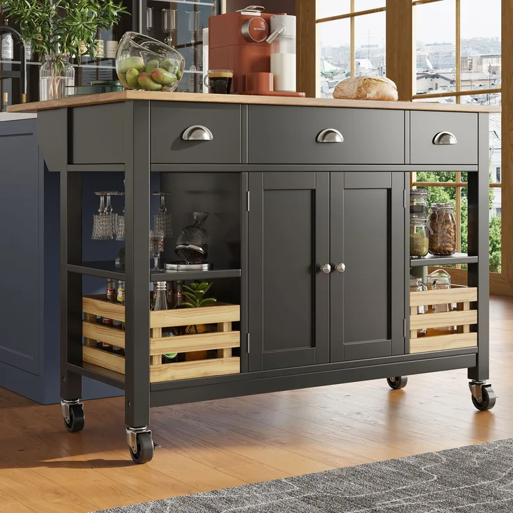 Kücheninsel 120 cm Schwarz & Natur, Küchenwagen mit klappbaren Seiten 73 cm, multifunktionaler mit Schublade und verstellbaren Ebenen