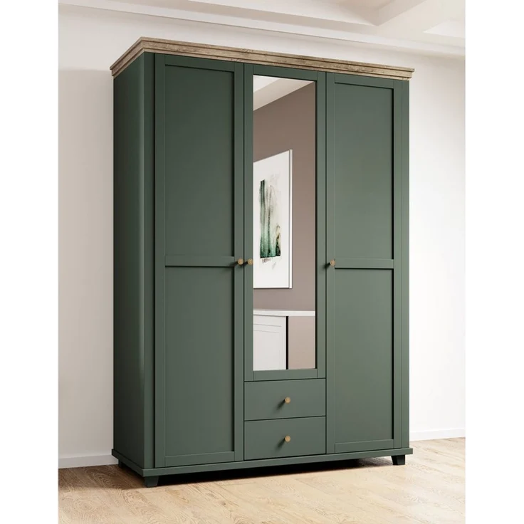Kleiderschrank mit Spiegel Landhausstil EPSOM-83 in grün mit Lefkas Eiche Nb. 3 türig, B/H/T: ca. 154/216/62 cm – Bild 5