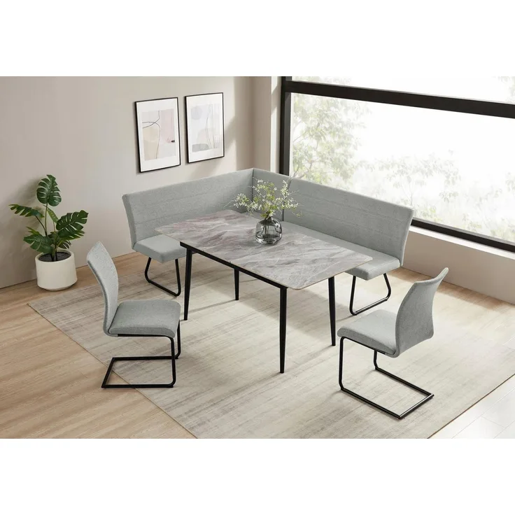 OTTO home Eckbankgruppe Stevian, (Set, 4-tlg, 1 ausziehbarer Esstisch + 1 Eckbank Recamiere links + 2 Stühle), Holz, Strukturstoffbezug, Freischwingerstühle, gesteppten Bänken