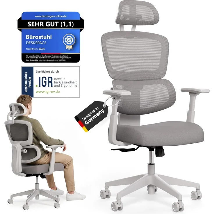 DESKSPACE Move - Premium Ergonomischer Bürostuhl - Höhenverstellbare Rückenlehne - Grau – Bild 1