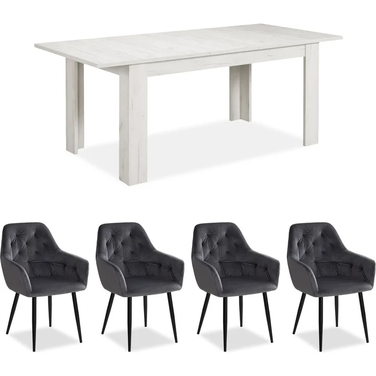 Esstisch mit 4 Stühlen Set Essgruppe Samt Polsterstühle Grau Küchentisch Modern Holz Shabby Weiß 160x90 cm Esszimmertisch Massiv – Bild 1