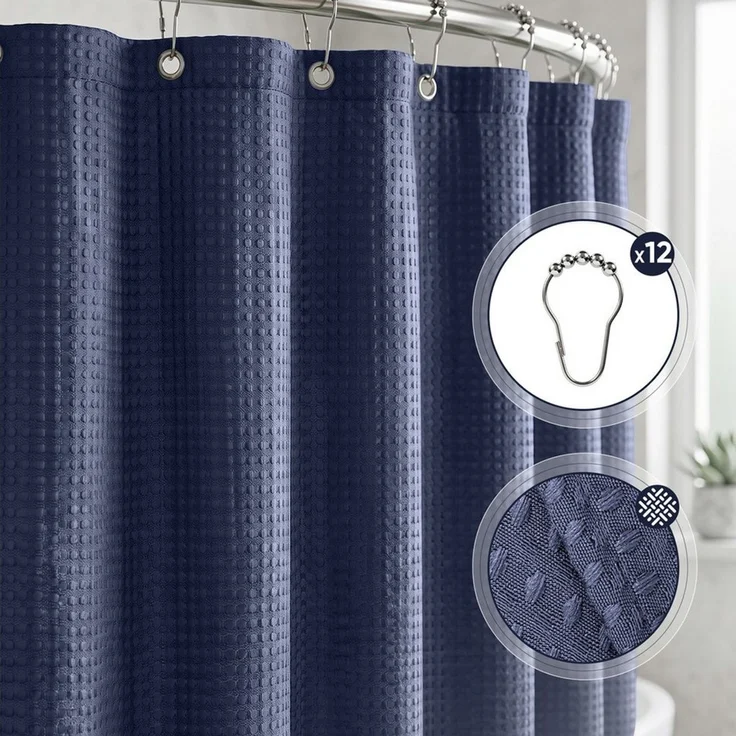 Sekey Duschvorhang Textil Duschvorhang Wannenvorhang Waschbar wasserabweisend mit Ringe Breite 180 cm (Packung, inkl. 12 Ringe), Badewannenvorh, 100% Polyester, Waffelstoff 180x200cm Dunkelblau – Bild 2