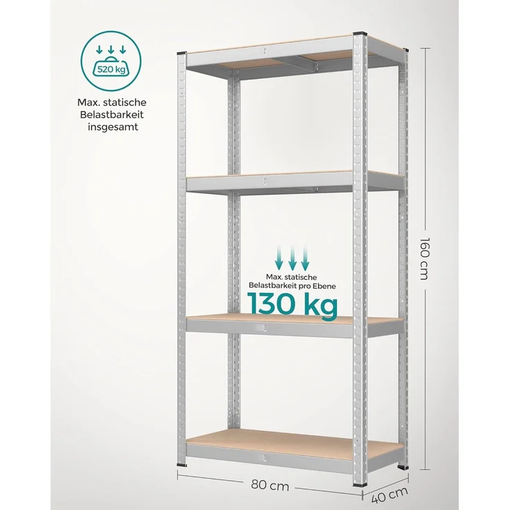 Songmics Schwerlastregal, 2er Set, Kellerregal, Lagerregal, 40 x 80 x 160 cm, Regal mit Stahlgestell, bis 520 kg belastbar, 4 verstellbare Ablagen, silbern GLR044E02 – Bild 3
