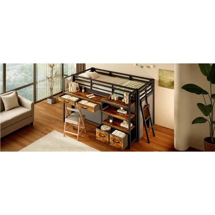 ZUBALIYA Hochbett 90x200 cm mit Schreibtisch, Stauraum und Stoffschubladen, Kinderbett aus Metall mit Vorhang, mehrschichtigem Regal und LED-Licht, Schwarz – Bild 12